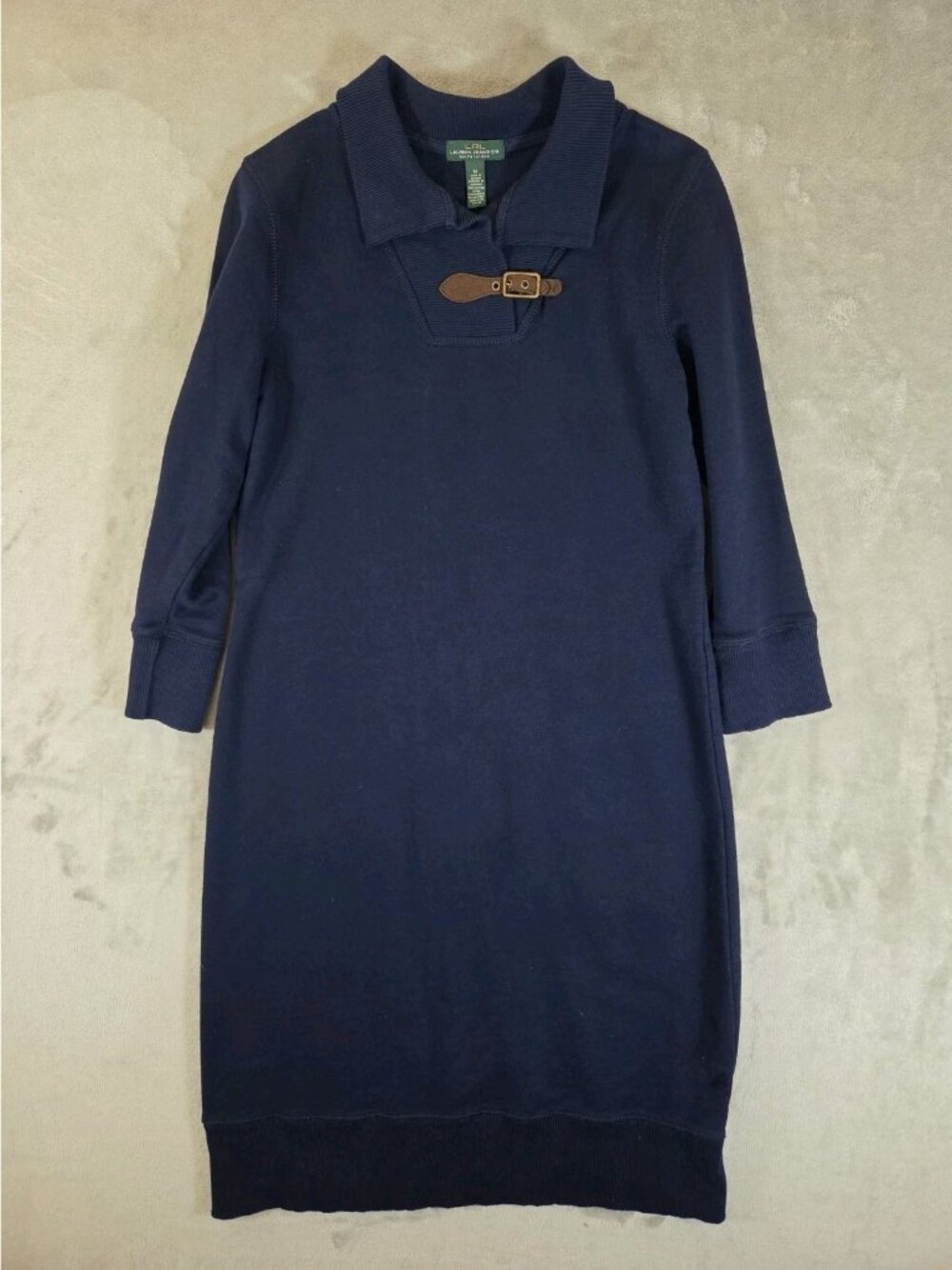 Lauren Ralph Lauren Navy Shawl Collar Buckled Equestrian Preppy Sweater Dress M